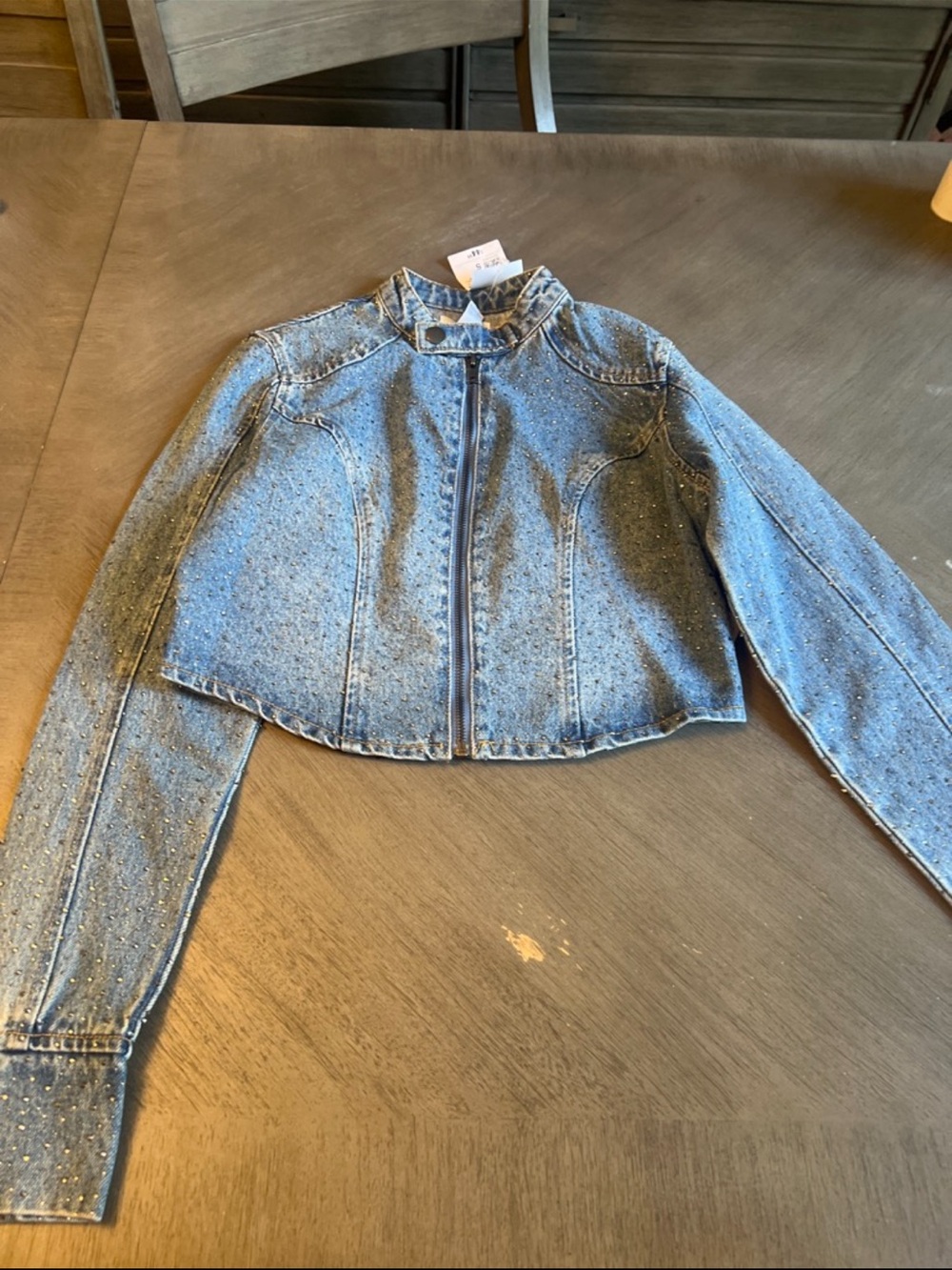 Forever 21 rhinestones Denim Cropped moto Jacket - Blue